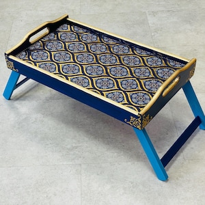 Blue Coffee table tray, Folding breakfast table, Breakfast tray with legs, Wooden serving table, Breakfast in bed tray, Laptop stand