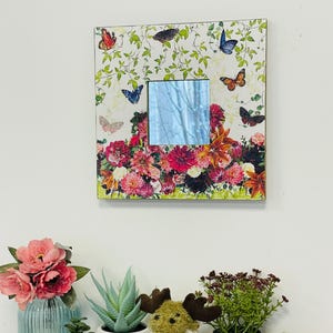 Framed wall mirror 10*10&quot;, Ready to ship, Decorative mirror, Square Floral mirror, Rustic Mirror, Farmhouse Mirror, Wooden wall decor