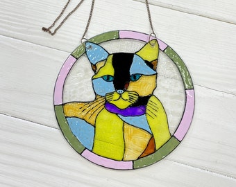 Chat attrape-soleil en verre, prêt à expédier, fenêtre suspendue, amoureux des chats, vitrail, aimer les chats, décoration murale, suspension de fenêtre