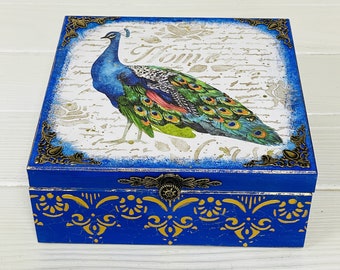 Blue Gold Peacock Box, Custom Box, Accessory Holder, Storage Box, Desktop Organization
