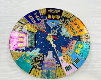 Stained Glass Painting Wall Clock Houses, Colorful Blue Home Decor
