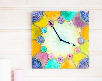 Hand painted Stained glass wall clock 12*12", Multicolor Square wall clock