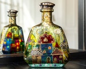 Stained glass bottle Day and Night, Decorative bottle, Stained glass painting, Hand Painted Bottle, Recycled wine bottle, Yellow Blue decor