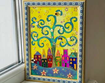 Cuadro enmarcado de vidriera con Árbol amarillo, Cuadro enmarcado, Pintura sobre vidrio, Arte en vidrio, Panel de vidriera