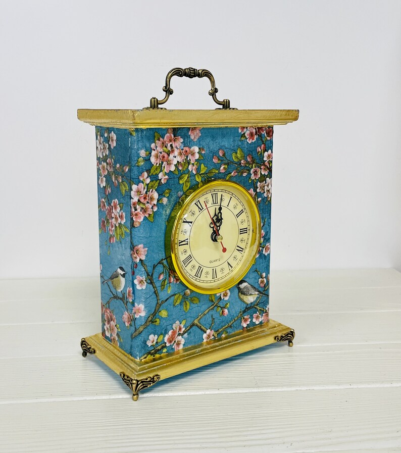 Blue mantel clock Chinoiserie Birds, Carriage Clock, Fireplace clock, Flowers Border Print, Table clock image 5