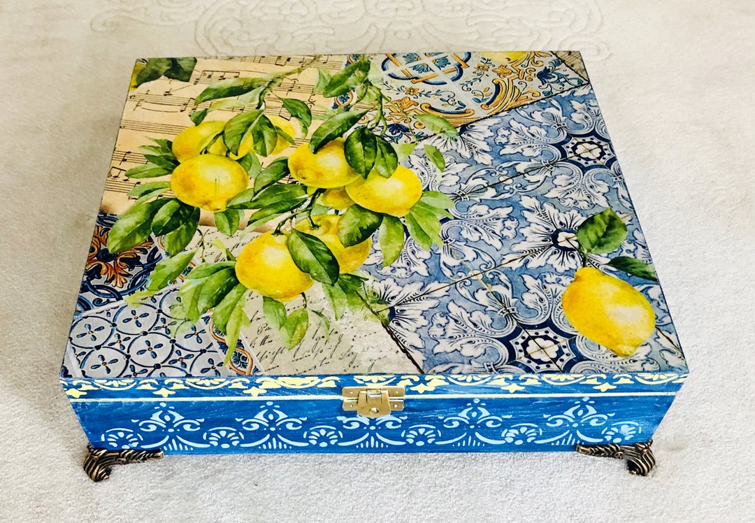 Decoupage Lemon Tea Box, Blue Kitchen Decor, Hand Decorated Wooden Tea ...