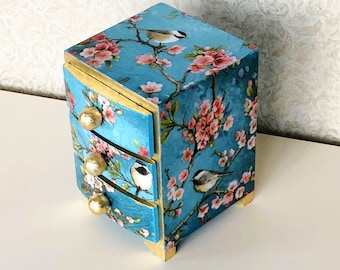 Chinoiserie Bird Mini Chest of dravers, Cherry Blossom Jewelry Box, Blue furniture