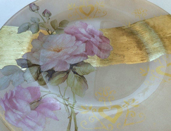 Decorative Glass Plate Gold And Rose Display Plate Decoupage Etsy
