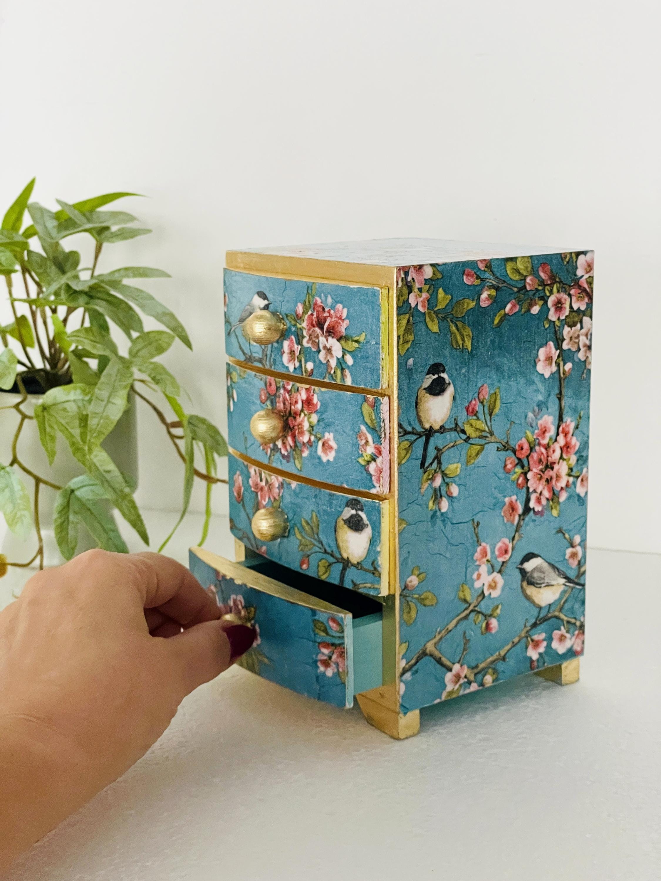 Blue Chinoiserie Birds Mini Chest of 3 or 4 Drawers, Hand