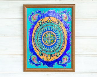 Stained glass panel Turtle 13.5*17", Stained glass painting, Mandala stained glass, Painted glass art, Blue wall decor, Glass wall decor