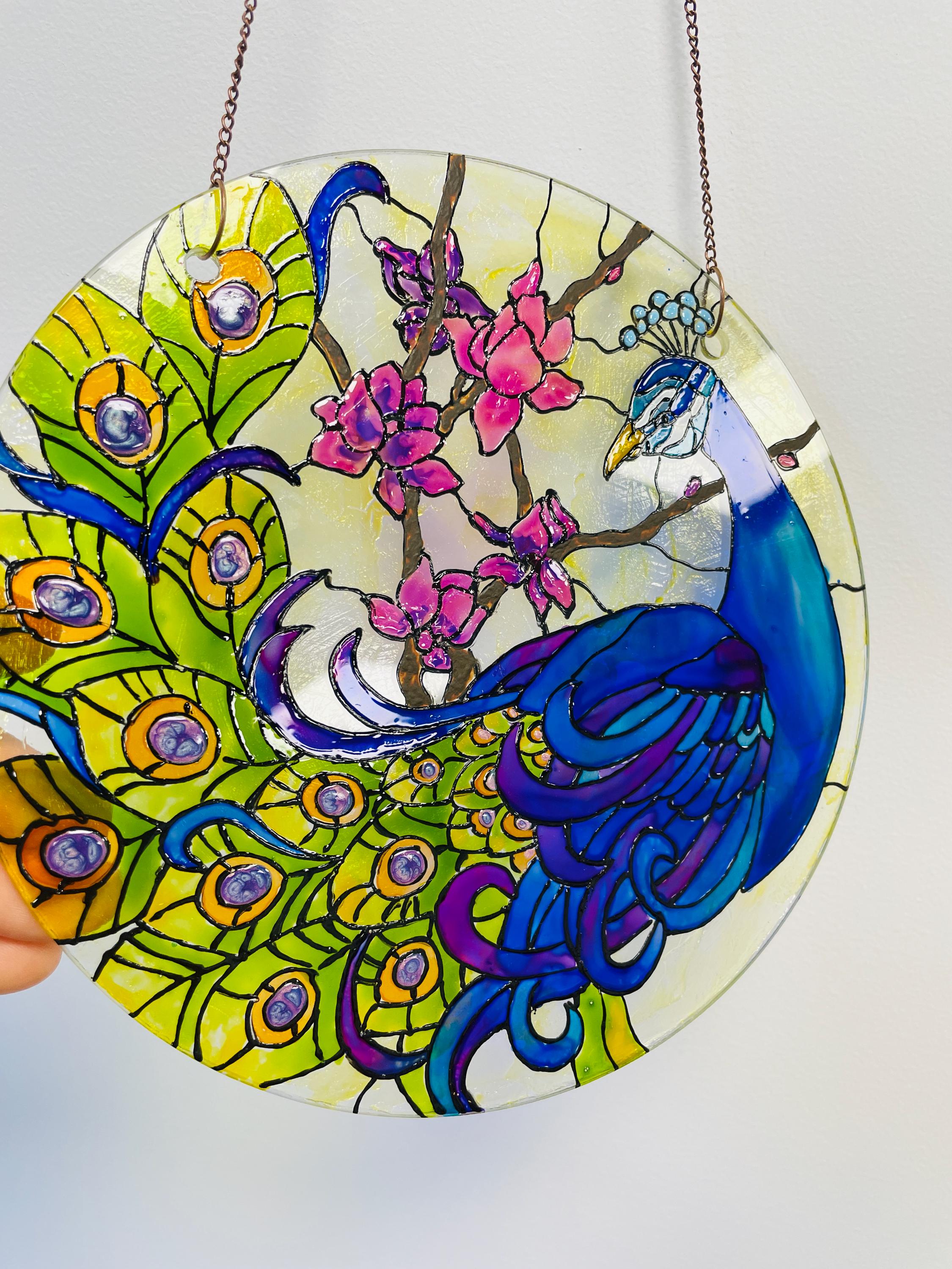 ガラスのサンキャッチャー 孔雀、ステンドグラスの絵画、吊り窓、孔雀