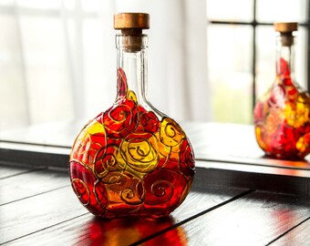 Decorative Glass Bottle, Stained Glass Painting Bottle, Red Orange Decor,  Hand Painted Wine Bottle, Stain Glass Decor 
