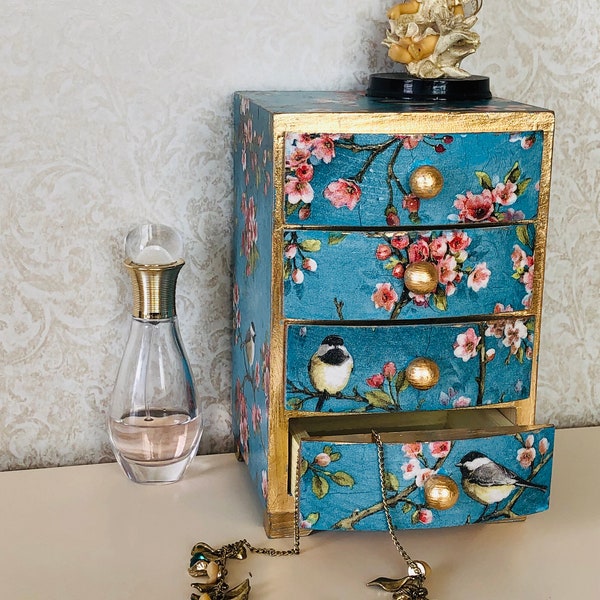 Blue mini chest of 3 dravers, Box Cherry blossom, Trinket Drawers, Jewelry Box Chinoiserie Birds, Desktop Organizer