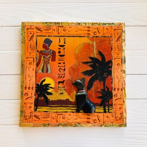 Acrylic painting on canvas 14*14&quot; Egypt, Ready to ship, Bastet modern art, Wall art Egyptian pyramids, Original Painting, Orange Wall decor