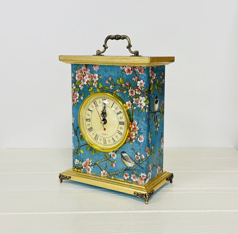 Blue mantel clock Chinoiserie Birds, Carriage Clock, Fireplace clock, Flowers Border Print, Table clock image 2