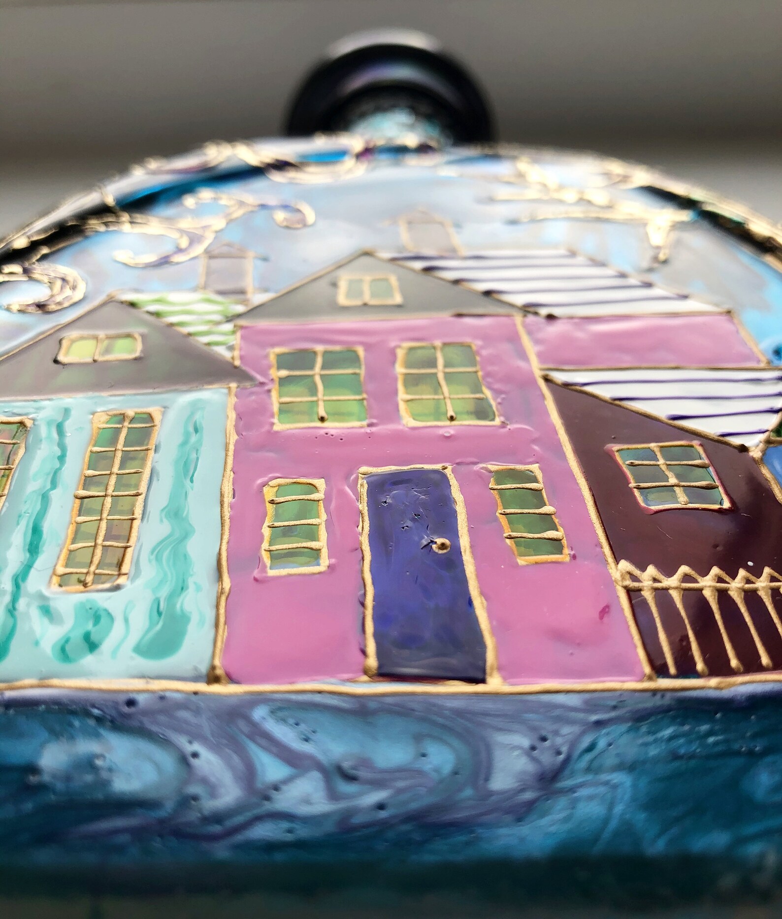 Stained glass bottle Colored houses Decorative bottle Hand Etsy