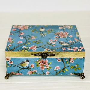 Large blue tea box, Box with compartments, Accesory Holder, Storage box Chinoiserie Birds, Desk organization, Trinket box, Kitchen decor