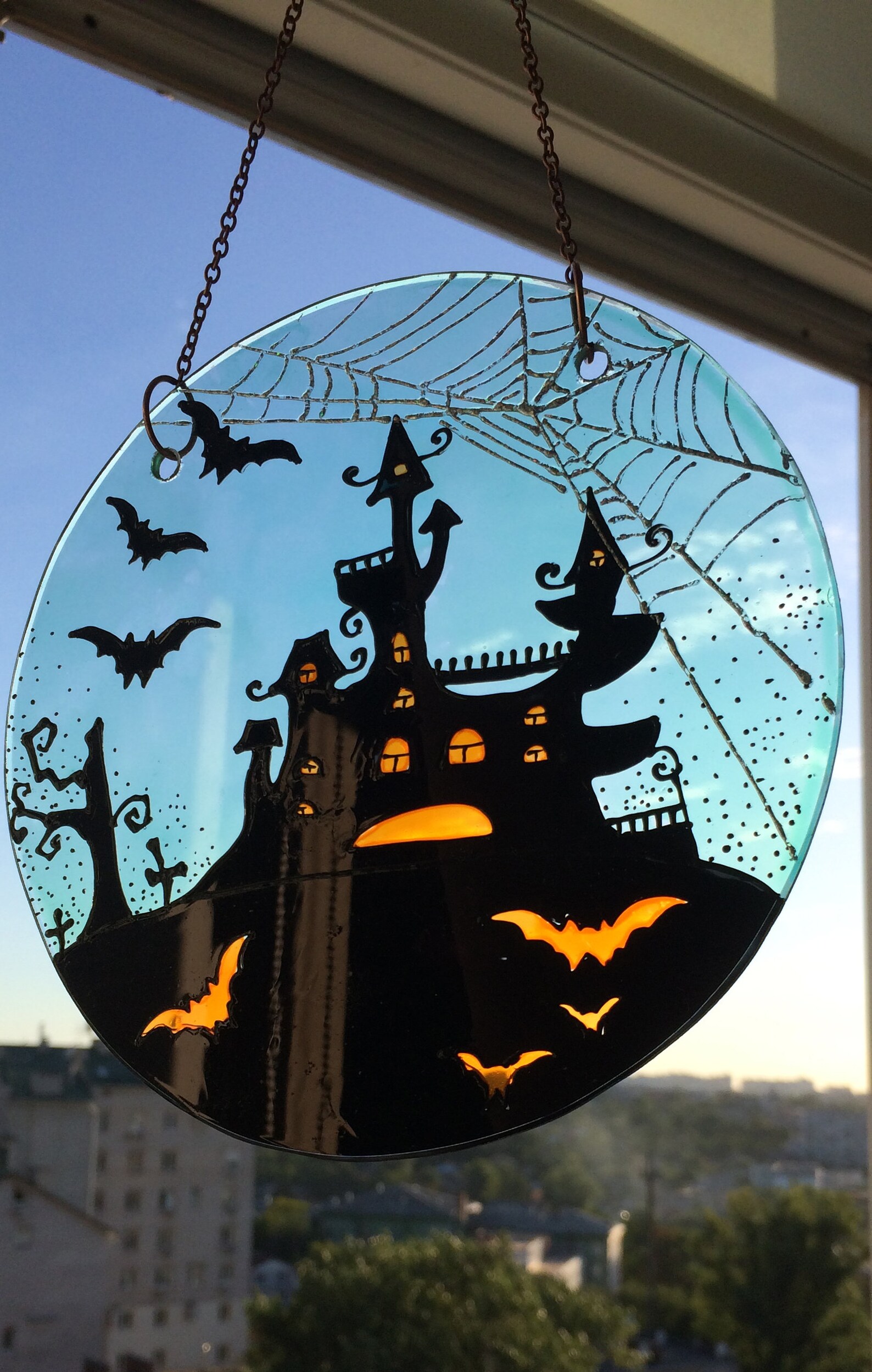 Stained Glass Suncatcher Halloween Haunted House Halloween Etsy