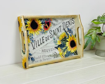 Handmade Sunflower Serving Tray, Rustic Wood Breakfast Tray