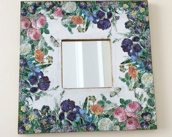 Small wall mirror 10*10&quot;, Irises mirror, Decorative wall mirror, Square Floral mirror, Rustic Mirror, Farmhouse Mirror, Wall decor