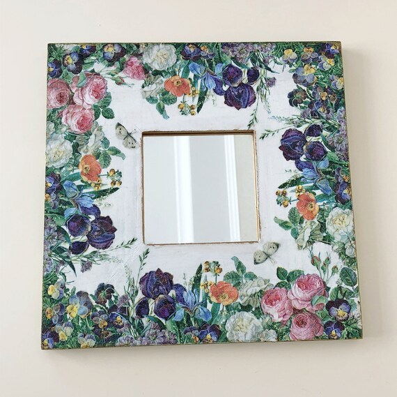 Small wall mirror 10*10", Irises mirror, Decorative wall mirror, Square Floral mirror, Rustic Mirror, Farmhouse Mirror, Wall decor