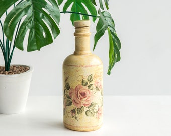Shabby Chic Decoupage Bottle, Roses Decor, Vintage Country Style