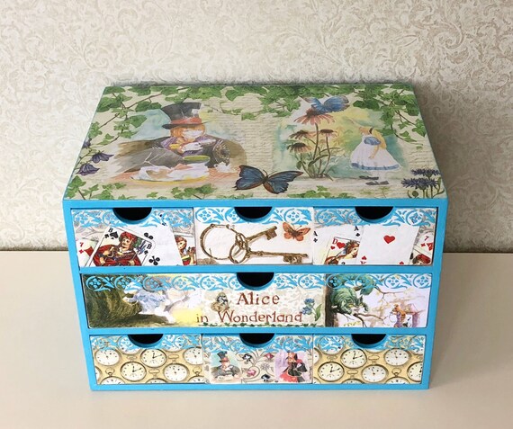Wooden Makeup Organizer Alice In Wonderland Makeup Storage Etsy