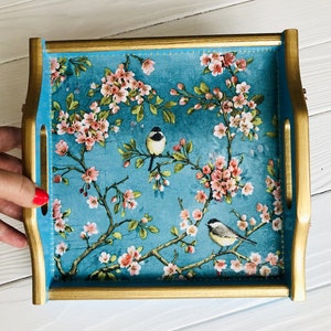 Tray Chinoiserie Birds, Ready to ship, Breakfast in bed tray, Cherry Blossom decor, Desk organization, Wooden kitchen decor, Blue tray