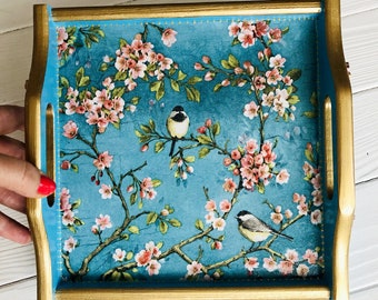 Tray Chinoiserie Birds, Ready to ship, Breakfast in bed tray, Cherry Blossom decor, Desk organization, Wooden kitchen decor, Blue tray