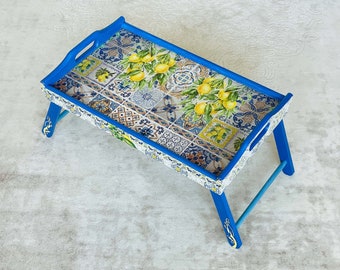 Folding table tray, Sicilian tiles and Lemons, Breakfast table with legs, Blue yellow breakfast table, Laptop table, Decorative table tray