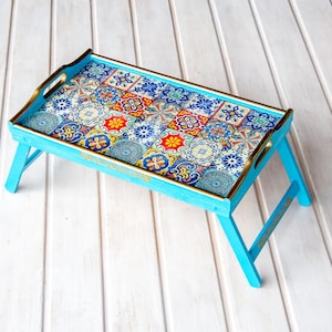 Folding Table with Legs, Breakfast table Mediterranean tiles, Laptop stand, Breakfast in bed tray, Moroccan Tiles