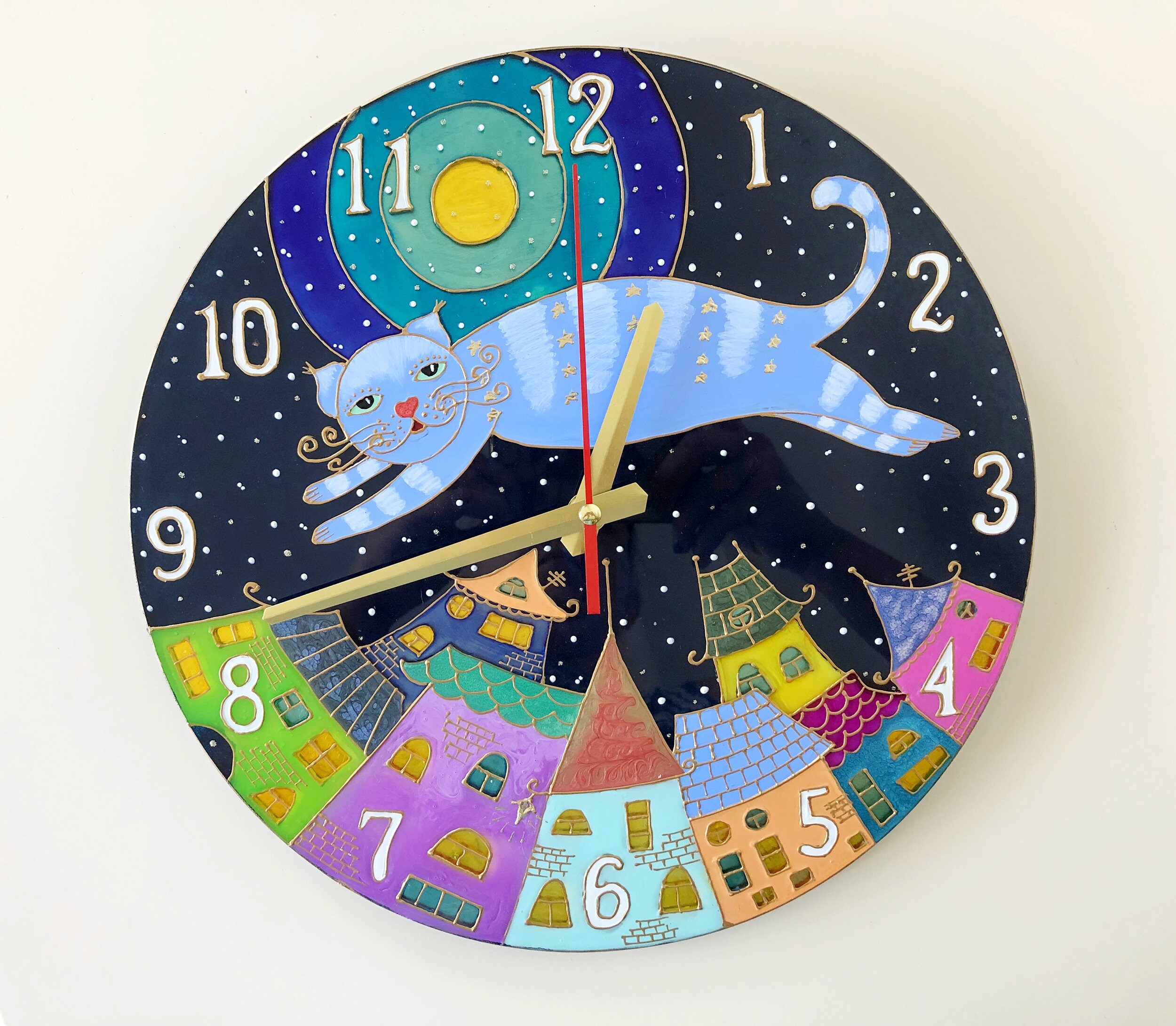 12 Cat Wall Clock Cat Clock Glass Kitchen Clock Etsy