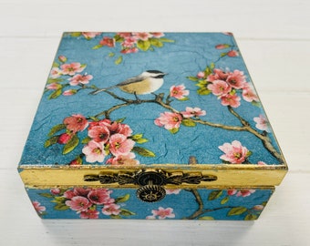 Blue tea box, Storage box Chinoiserie Birds, Tea bag holder, Desk organization, Trinket box, Wooden kitchen decor, Accesory Holder