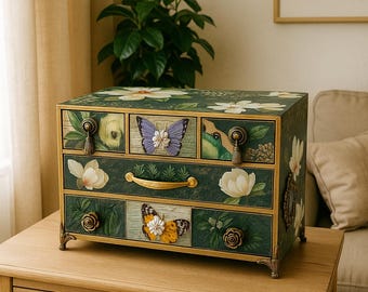 Vintage Floral Jewelry Chest, Hand Painted Drawer Dresser, Shabby Chic Organizer, Gift for Her