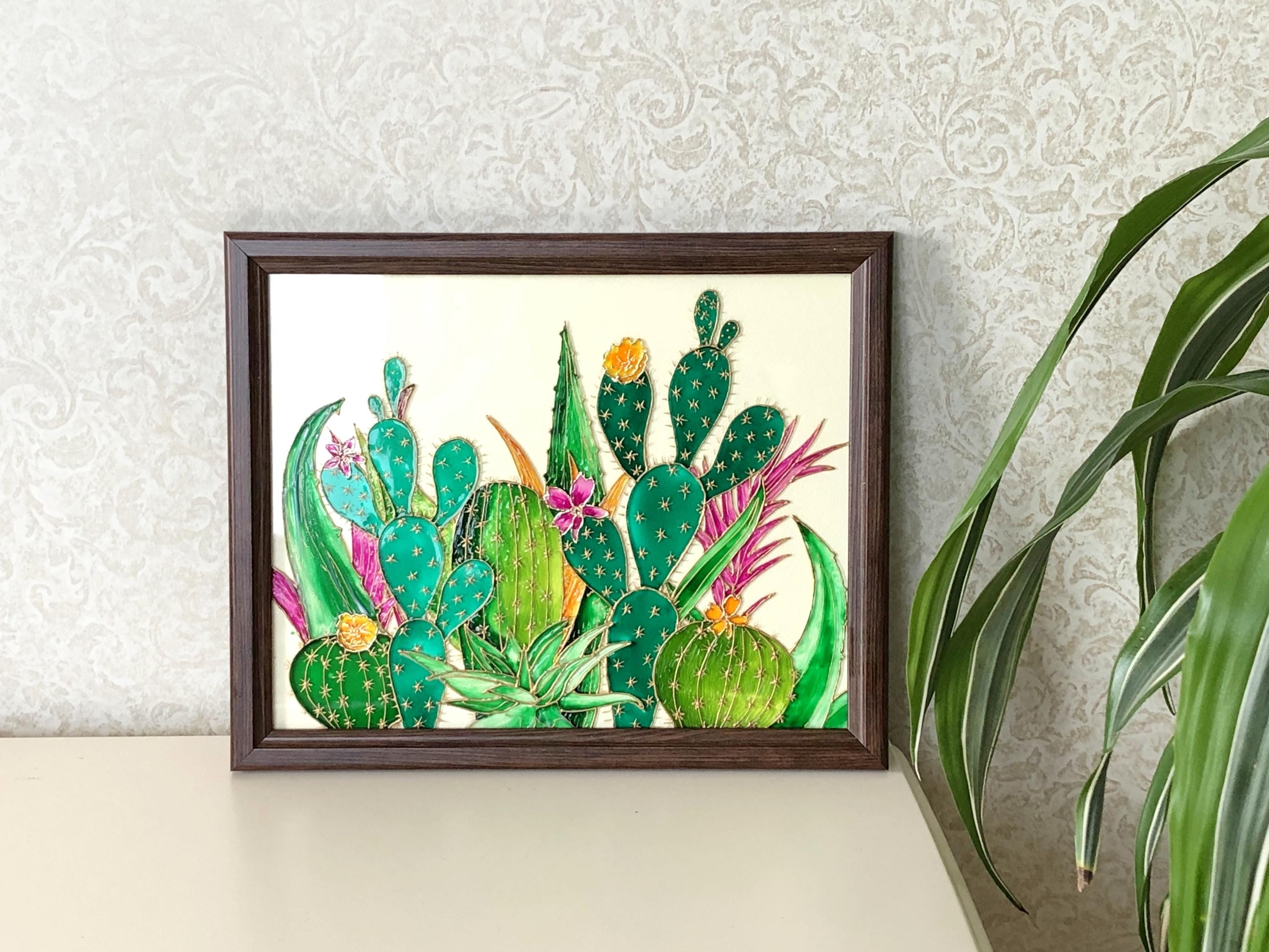 手描きのステンドグラス風サボテンアート、緑の多肉植物の壁飾り、A3