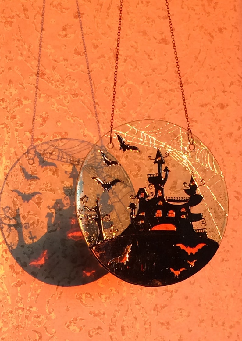 Stained glass Suncatcher, Ready to ship, Halloween Haunted House, Halloween suncatcher, Black orange decor, Halloween decor, Halloween gift image 6