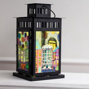 Large Metal Stained Glass Lantern Candleholder, Front porch decor, Stained Glass Lamp, Stained glass painting