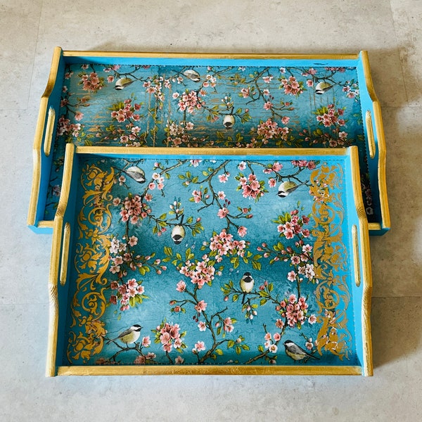 Decorative Bed tray Chinoiserie Birds, Desk organization, Breakfast in bed tray, Blue Serving tray