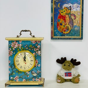 Blue mantel clock Chinoiserie Birds, Carriage Clock, Fireplace clock, Flowers Border Print, Table clock image 1