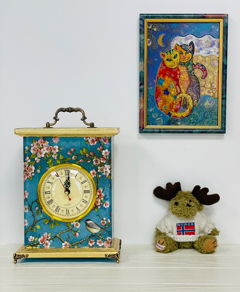 Blue mantel clock Chinoiserie Birds, Carriage Clock, Fireplace clock, Flowers Border Print, Table clock image 1