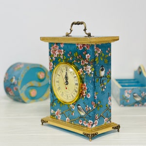 Blue mantel clock Chinoiserie Birds, Carriage Clock, Fireplace clock, Flowers Border Print, Table clock image 8