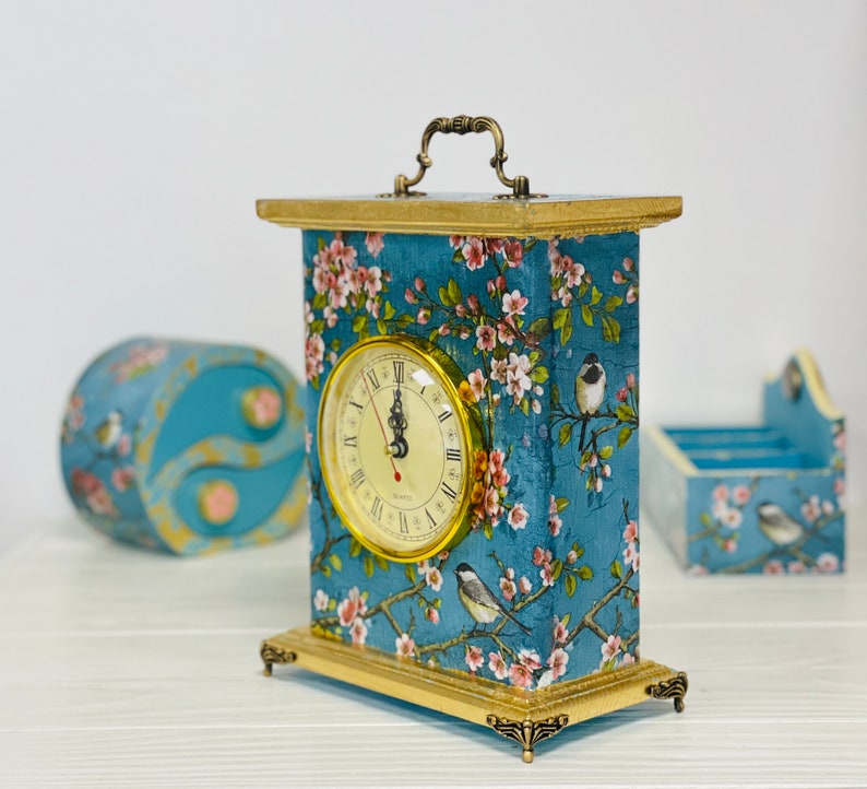 Blue mantel clock Chinoiserie Birds, Carriage Clock, Fireplace clock, Flowers Border Print, Table clock image 8