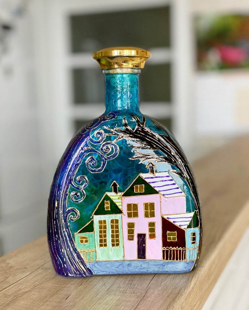 Decorative Bottle Stained Glass Bottle Colored Houses Hand Etsy