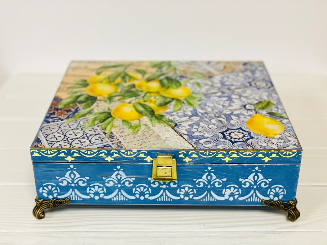 Large Tea Box Lemons Accesory Holder Storage Box Citrus Etsy
