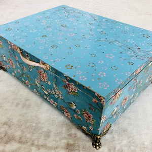 Große blaue Teebox, Holzkiste, Zubehörhalter, Aufbewahrungsbox Chinoiserie Birds, Schreibtischorganisation, Schmuckschatulle, Holzküchendekor