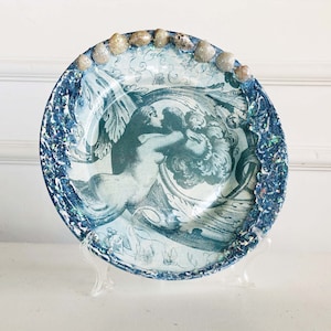 Plato decorativo azul, Listo para enviar, Decoración marinera, Plato de vidrio para decoupage, Plato pintado a mano, Plato coleccionable
