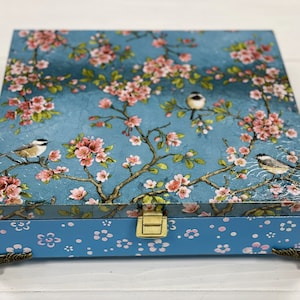 Große blaue Box, Teebox Chinoiserie Birds, Teebox mit 12 Fächern, Zubehörhalter, Schreibtischorganisation, Schmuckbox, Holzküchendekor