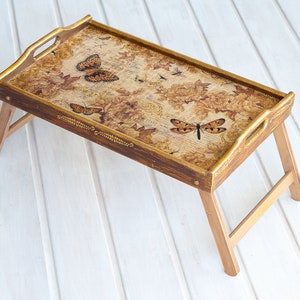 Brown Breakfast table tray with legs, Pre-order, Breakfast table in bed, Folding table with legs, Decorative Bed tray, Laptop stand