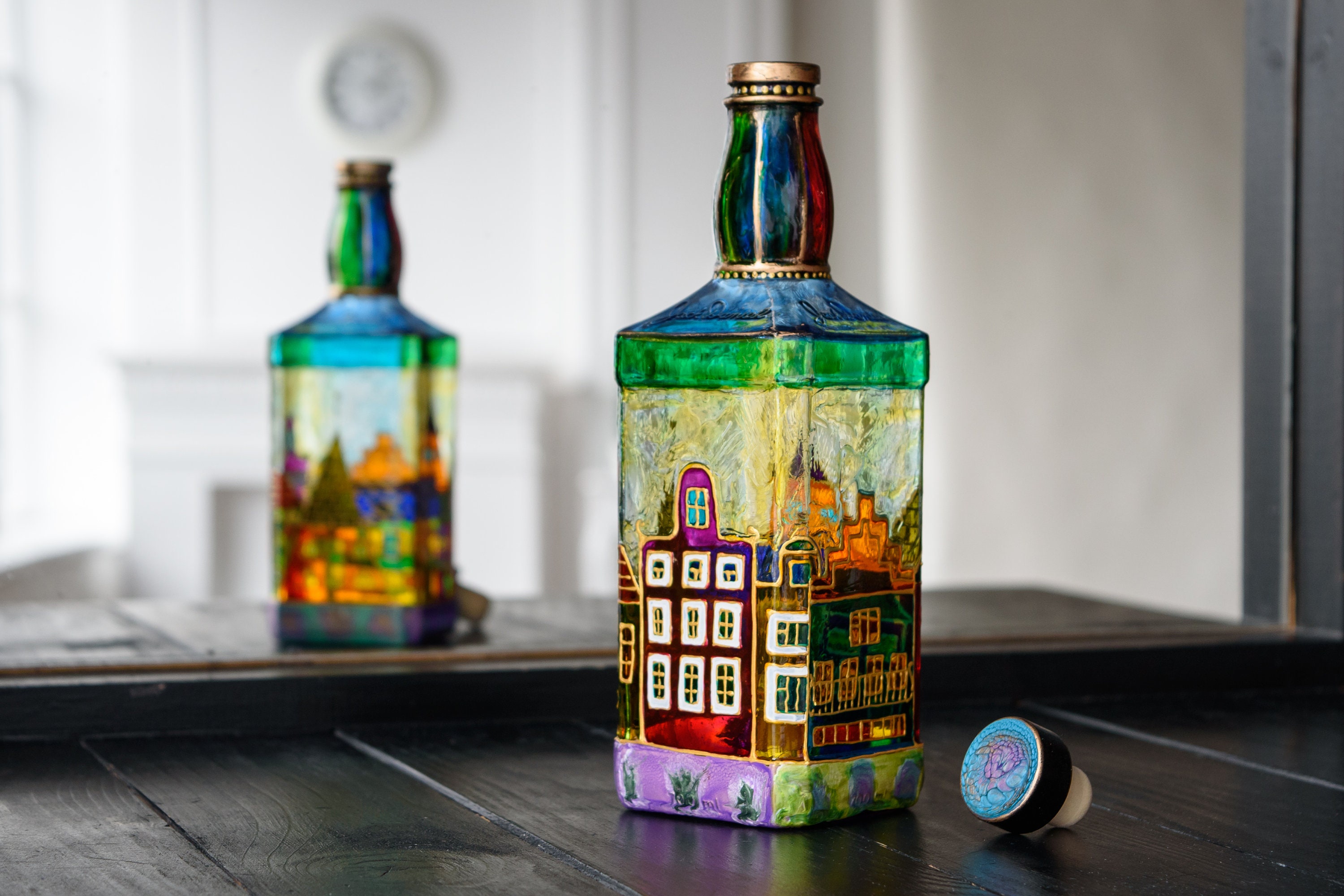 Stained Glass Bottle Decorative Bottle Hand Painted Wine Etsy