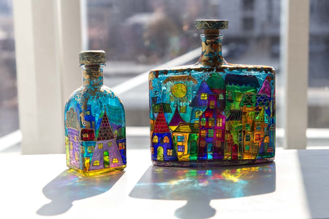 Stained glass bottles Bottles to order Decorative bottle Etsy